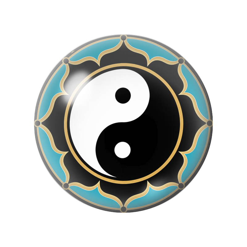 Cabochon en Verre Illustré Yin Yang Rosace Turquoise et Dorée 12 à 25mm