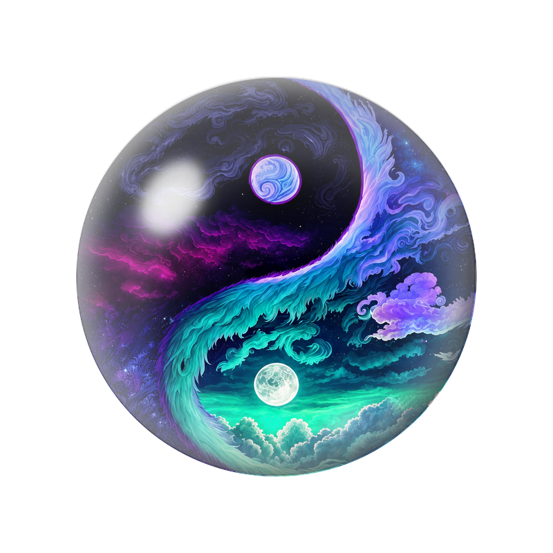 Cabochon en Verre Illustré Yin Yang Vagues Célestes Turquoise et Violettes 12 à 25mm