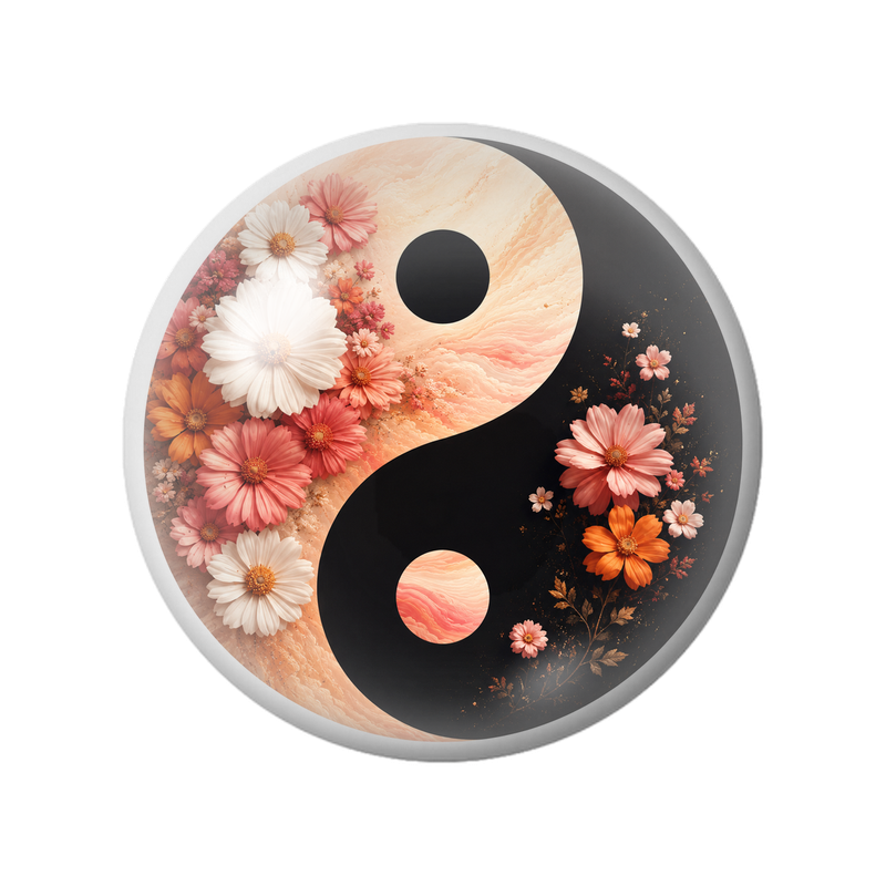 Cabochon en Verre Illustré Yin Yang Marguerites Corail et Blanches 12 à 25mm