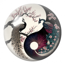 Cabochon en Verre Illustré Yin Yang Deux Paons sous les Fleurs de Cerisier 12 à 25mm pour la Création de Bijoux Fantaisie - DIY