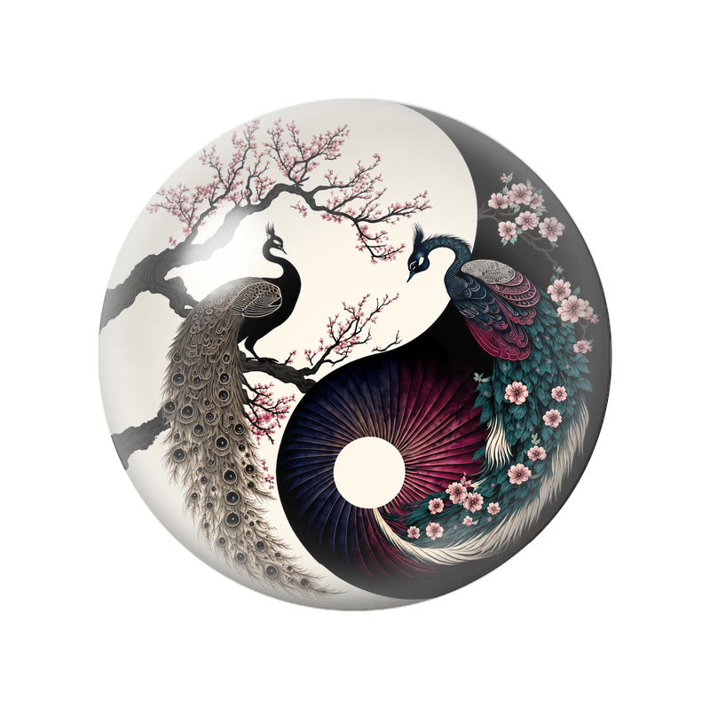 Cabochon en Verre Illustré Yin Yang Deux Paons sous les Fleurs de Cerisier 12 à 25mm