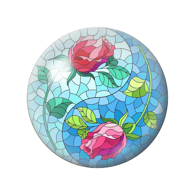 Cabochon en Verre Illustré Yin Yang Roses en Vitrail Bleu 12 à 25mm