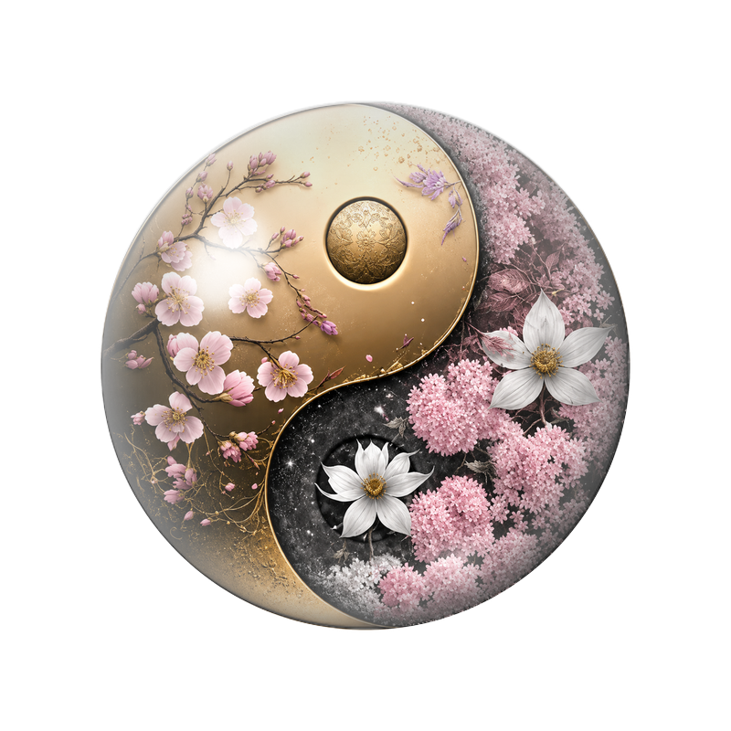 Cabochon en Verre Illustré Yin Yang Fleurs Roses et Or 12 à 25mm