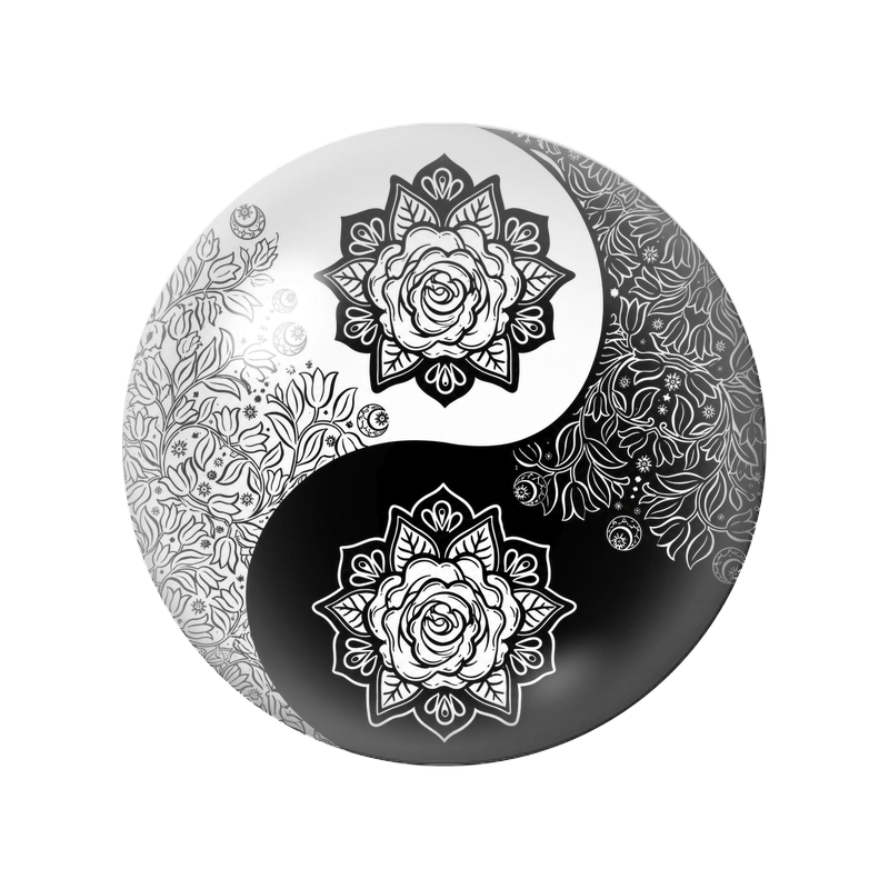 Cabochon en Verre Illustré Yin Yang Roses Mandala Noir et Blanc 12 à 25mm