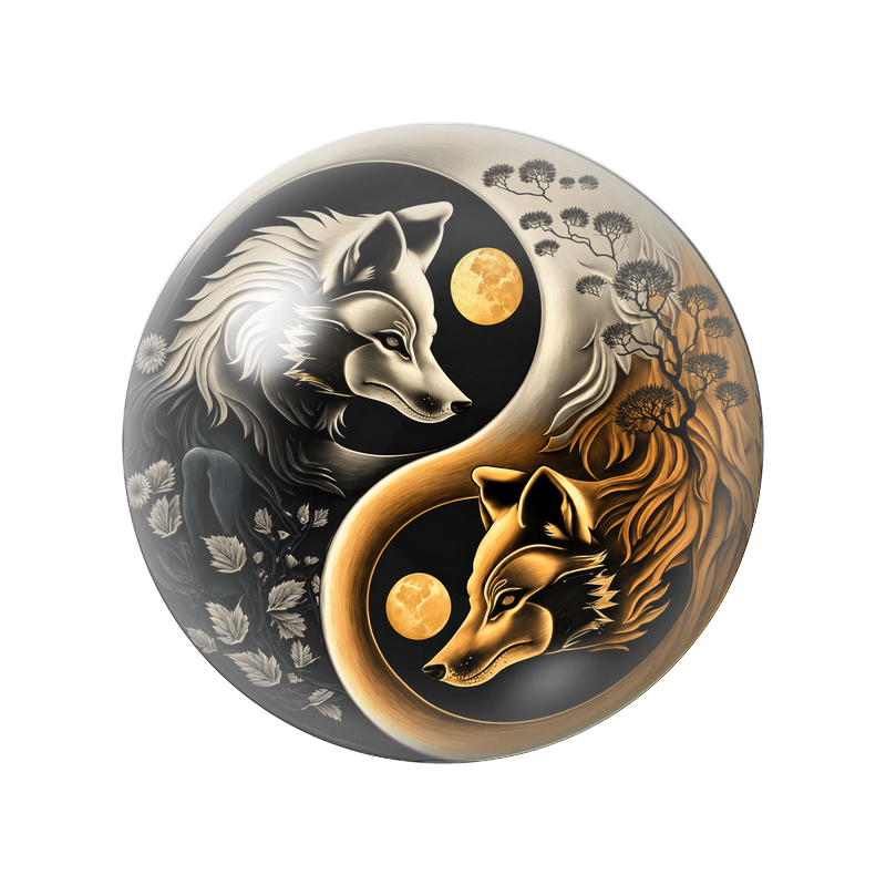 Cabochon en Verre Illustré Yin Yang Deux Loups sous les Lunes Dorées 12 à 25mm