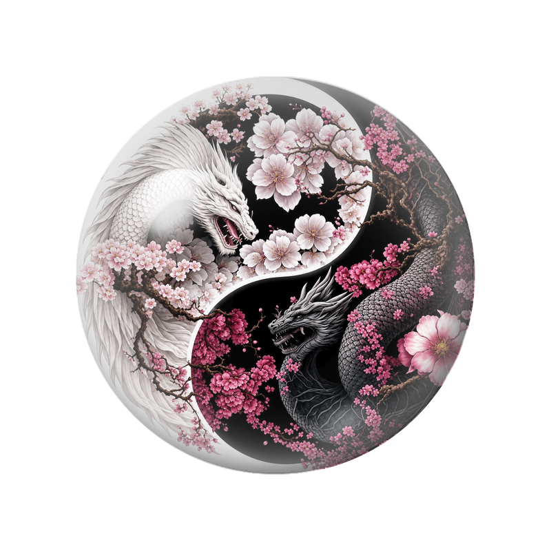 Cabochon en Verre Illustré Yin Yang Deux Dragons sous les Fleurs de Cerisier 12 à 25mm