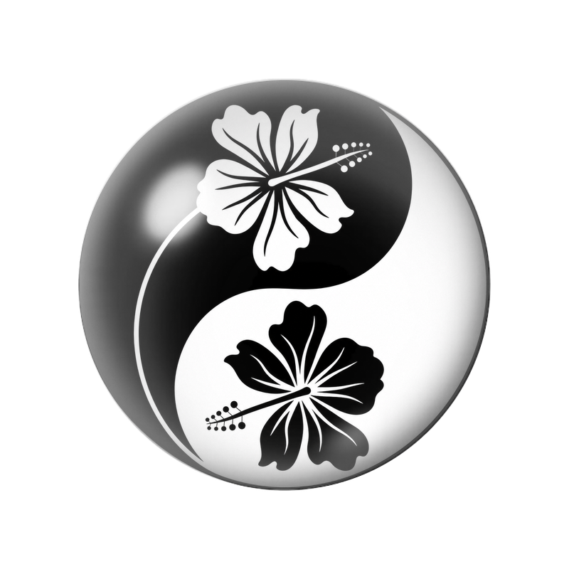 Cabochon en Verre Illustré Yin Yang Fleurs d'Hibiscus Noir et Blanc 12 à 25mm