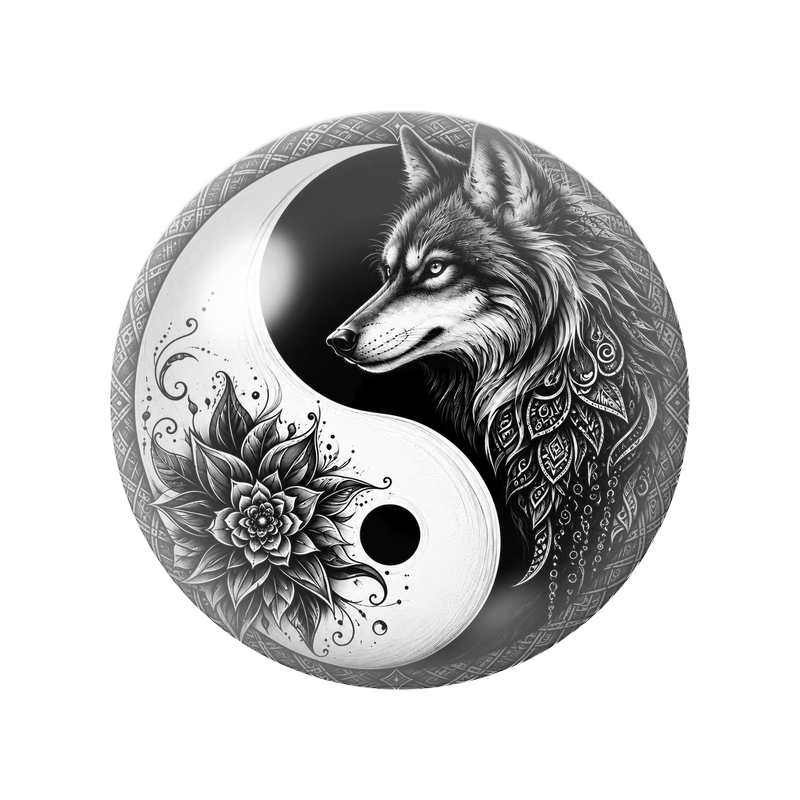 Cabochon en Verre Illustré Yin Yang Loup et Fleur Mandala 12 à 25mm
