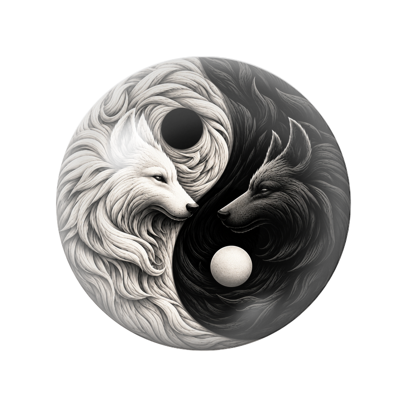 Cabochon en Verre Illustré Yin Yang Deux Loups Noir et Blanc 12 à 25mm