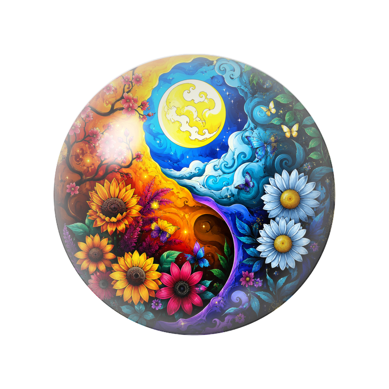 Cabochon en Verre Illustré Yin Yang Jardin du Jour et de la Nuit 12 à 25mm