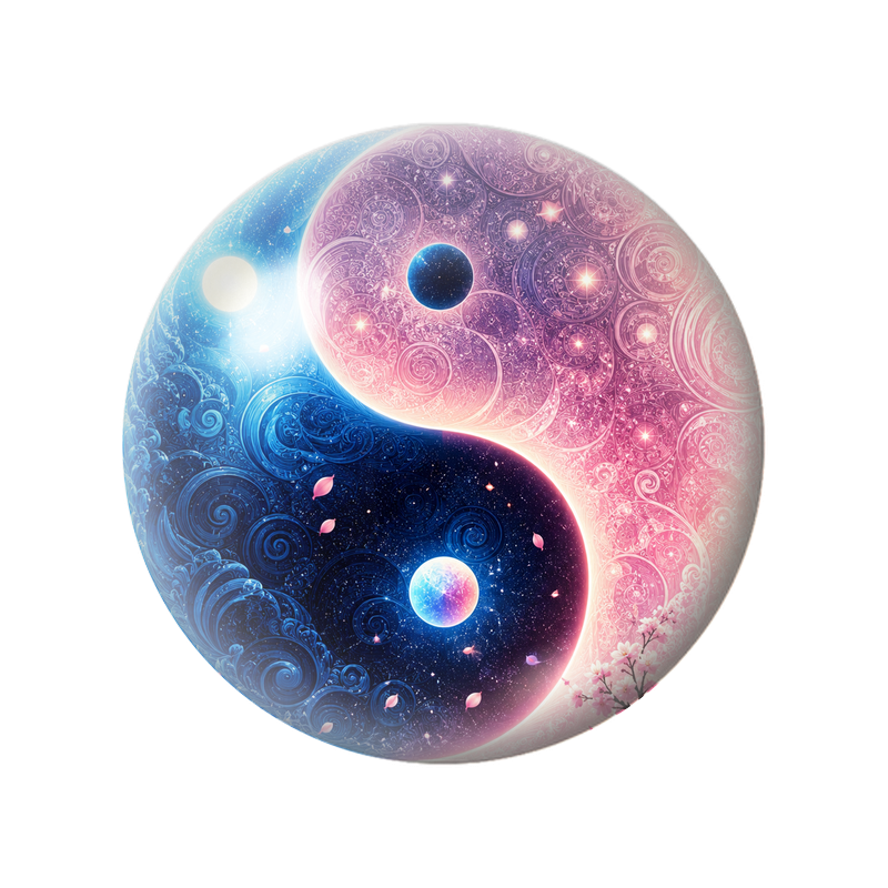 Cabochon en Verre Illustré Yin Yang Galaxies Rose et Bleue aux Fleurs de Cerisier 12 à 25mm