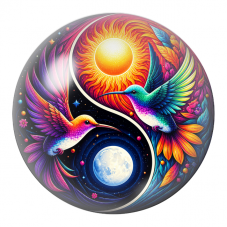 Cabochon en Verre Illustré Yin Yang Deux Colibris du Soleil et de la Lune 12 à 25mm pour la Création de Bijoux Fantaisie - DIY