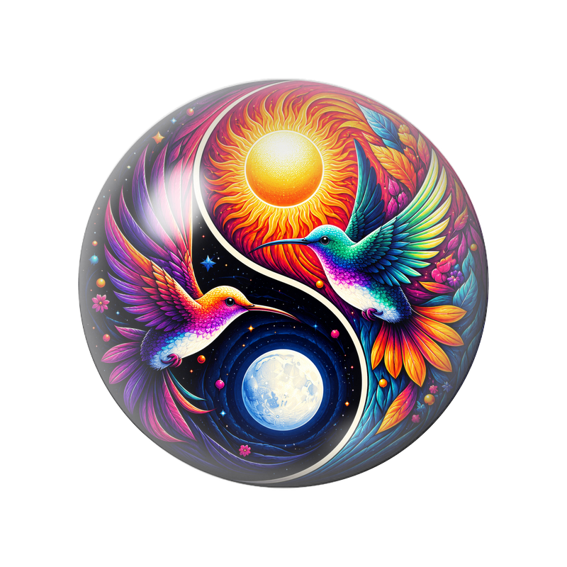 Cabochon en Verre Illustré Yin Yang Deux Colibris du Soleil et de la Lune 12 à 25mm