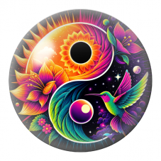 Cabochon en Verre Illustré Yin Yang Soleil Fleuri et Colibri Cosmique 12 à 25mm pour la Création de Bijoux Fantaisie - DIY