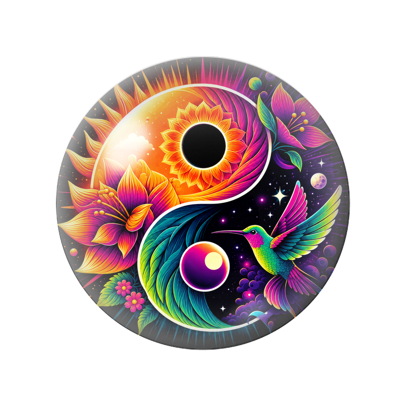 Cabochon en Verre Illustré Yin Yang Soleil Fleuri et Colibri Cosmique 12 à 25mm