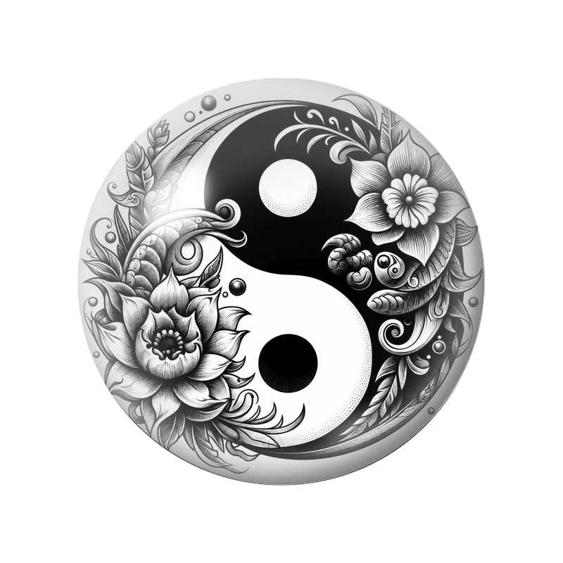 Cabochon en Verre Illustré Yin Yang Grandes Fleurs Gravées 12 à 25mm