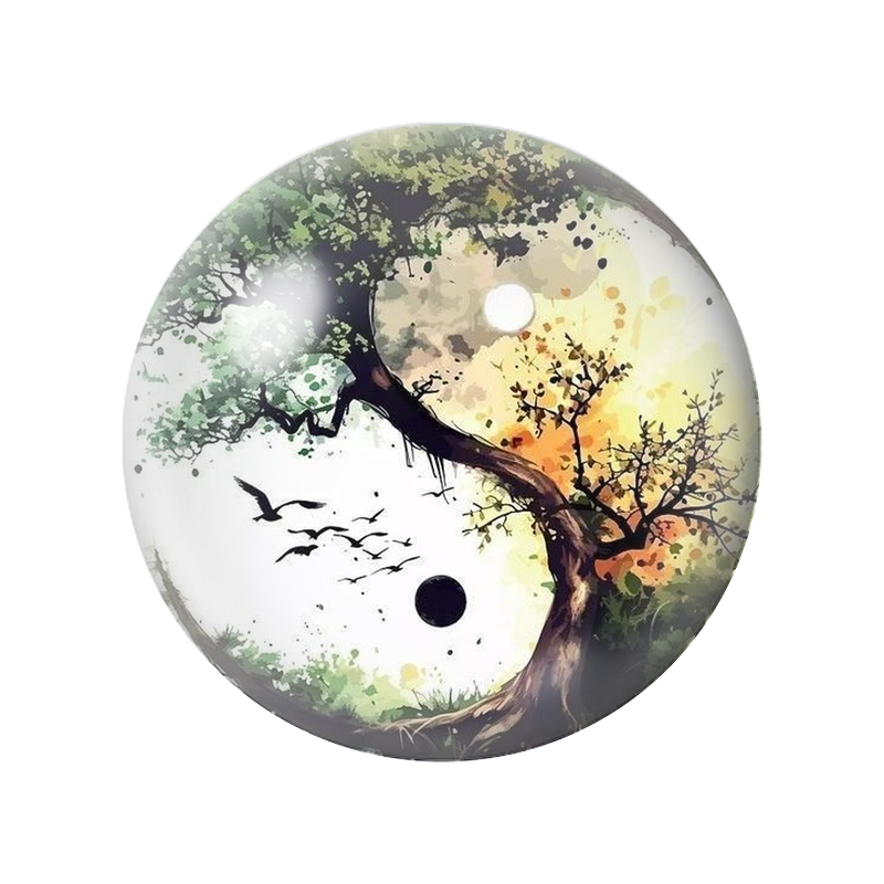 Cabochon en Verre Illustré Yin Yang Arbre et Envol d'Oiseaux 12 à 25mm