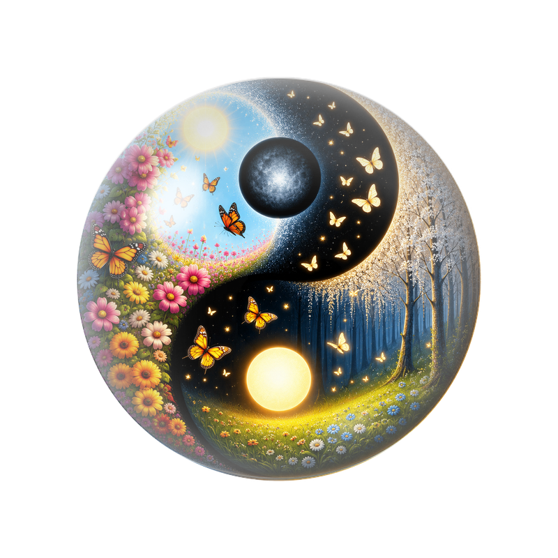 Cabochon en Verre Illustré Yin Yang Jardin du Soleil et Forêt de Lune 12 à 25mm
