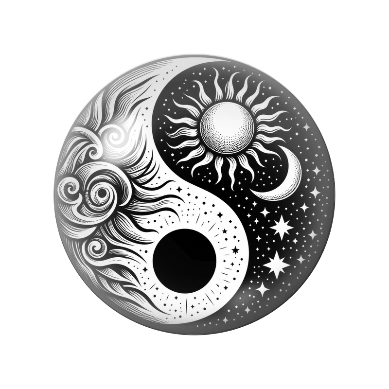Cabochon en Verre Illustré Yin Yang Soleil Lune et Étoiles Noir et Blanc 12 à 25mm