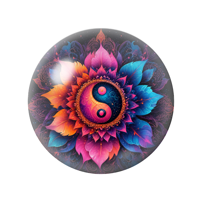 Cabochon en Verre Illustré Yin Yang Lotus Cosmique Multicolore 12 à 25mm