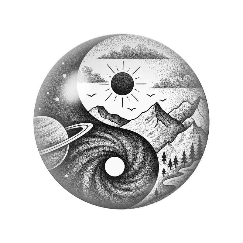 Cabochon en Verre Illustré Yin Yang Montagnes et Galaxie Noir et Blanc 12 à 25mm