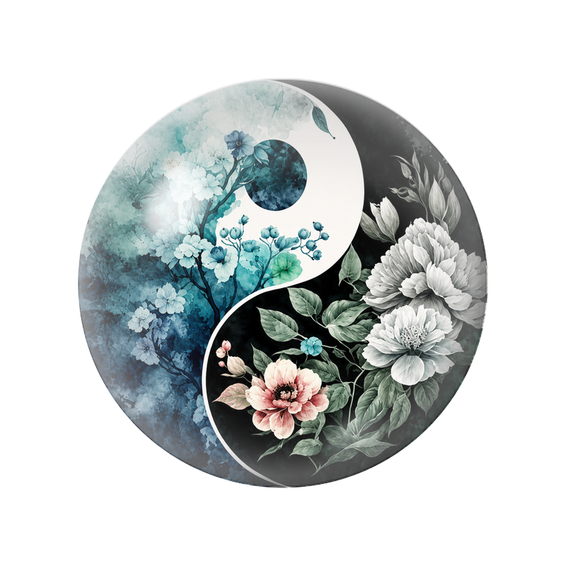 Cabochon en Verre Illustré Yin Yang Fleurs Bleues et Blanches 12 à 25mm