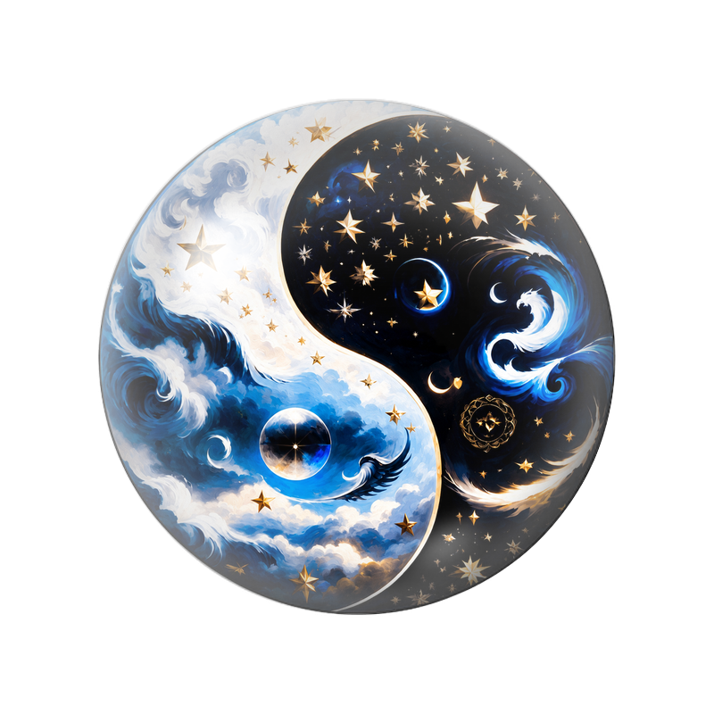 Cabochon en Verre Illustré Yin Yang Vagues Célestes et Étoiles Dorées 12 à 25mm