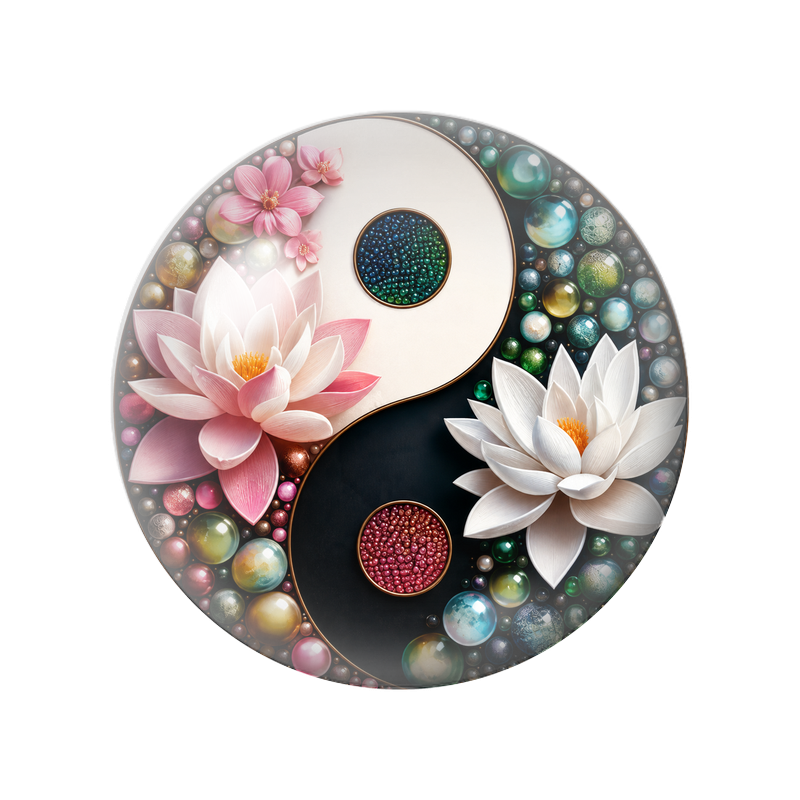 Cabochon en Verre Illustré Yin Yang Lotus et Perles Colorées 12 à 25mm