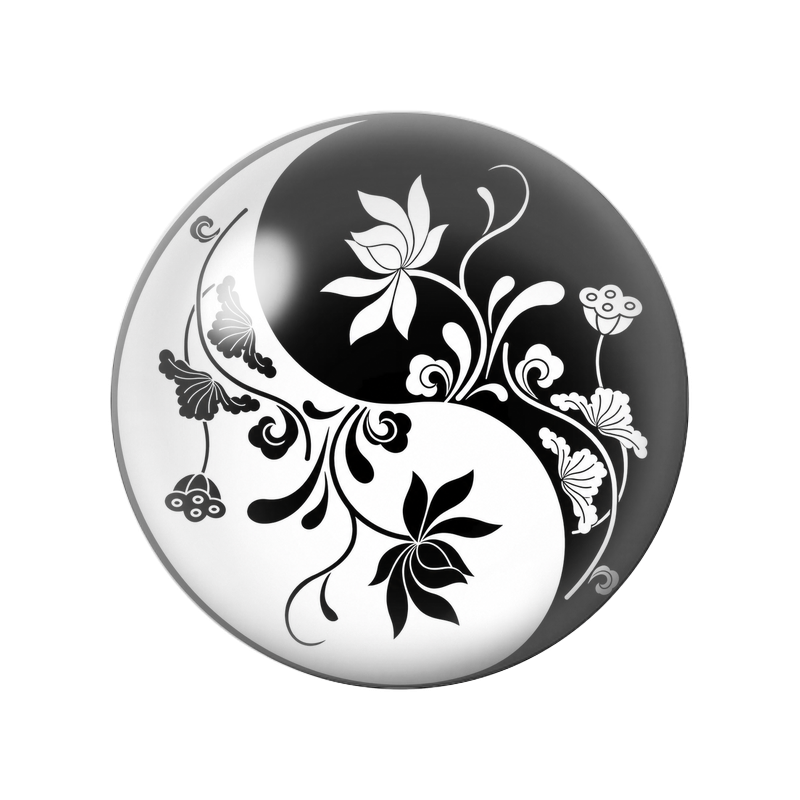 Cabochon en Verre Illustré Yin Yang Fleurs et Volutes Noir et Blanc 12 à 25mm