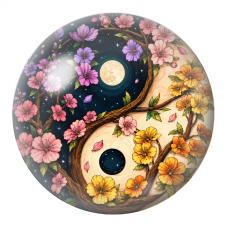 Cabochon en Verre Illustré Yin Yang Branches Fleuries sous la Lune 12 à 25mm pour la Création de Bijoux Fantaisie - DIY