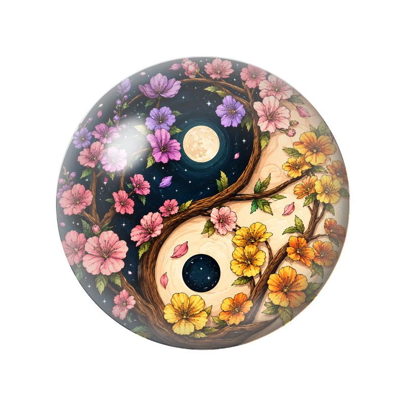Cabochon en Verre Illustré Yin Yang Branches Fleuries sous la Lune 12 à 25mm