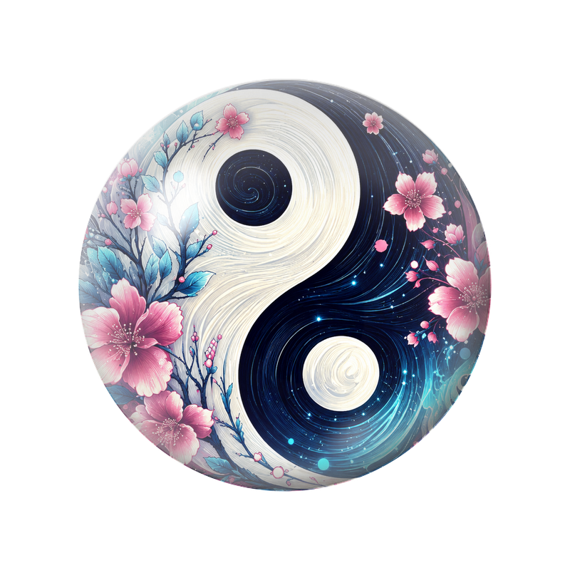 Cabochon en Verre Illustré Yin Yang Fleurs de Cerisier Bleues et Roses 12 à 25mm