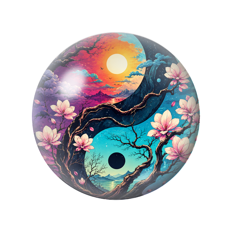 Cabochon en Verre Illustré Yin Yang Paysages aux Magnolias 12 à 25mm