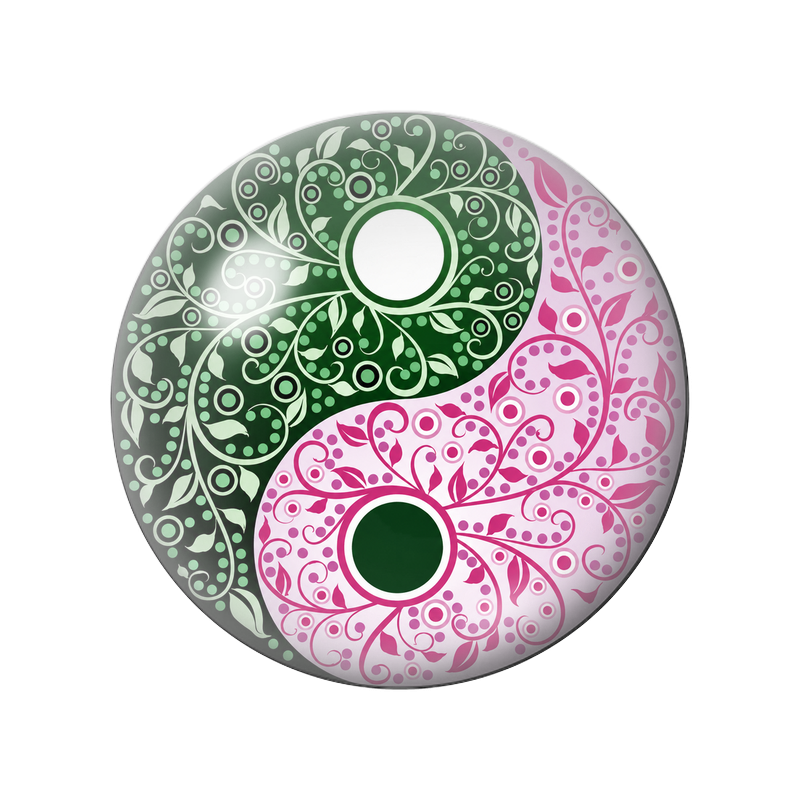 Cabochon en Verre Illustré Yin Yang Volutes Vertes et Roses 12 à 25mm