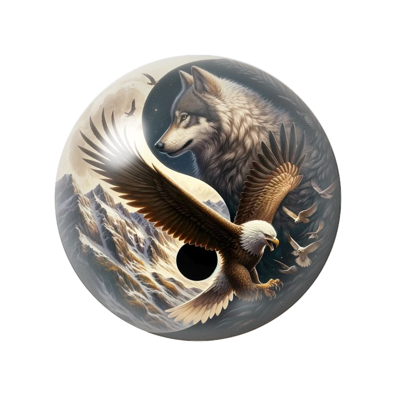 Cabochon en Verre Illustré Yin Yang Loup et Aigle des Montagnes 12 à 25mm