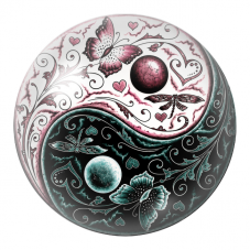 Cabochon en Verre Illustré Yin Yang Papillons Roses et Turquoise 12 à 25mm pour la Création de Bijoux Fantaisie - DIY
