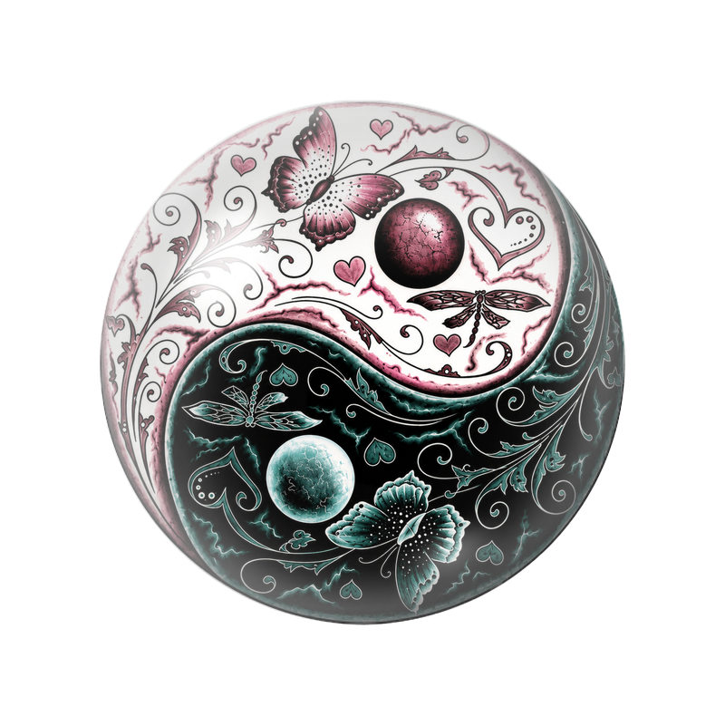 Cabochon en Verre Illustré Yin Yang Papillons Roses et Turquoise 12 à 25mm