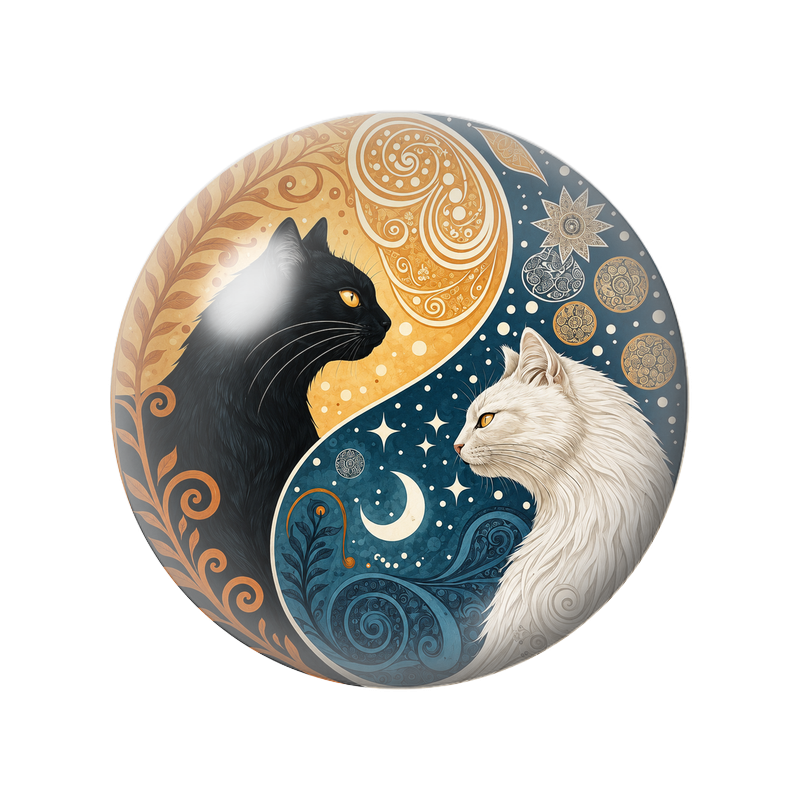 Cabochon en Verre Illustré Yin Yang Deux Chats du Soleil et de la Lune 12 à 25mm