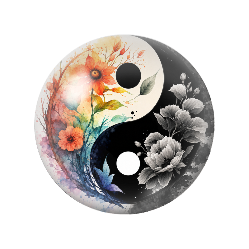 Cabochon en Verre Illustré Yin Yang Fleurs Aquarelle Colorées et Noires 12 à 25mm