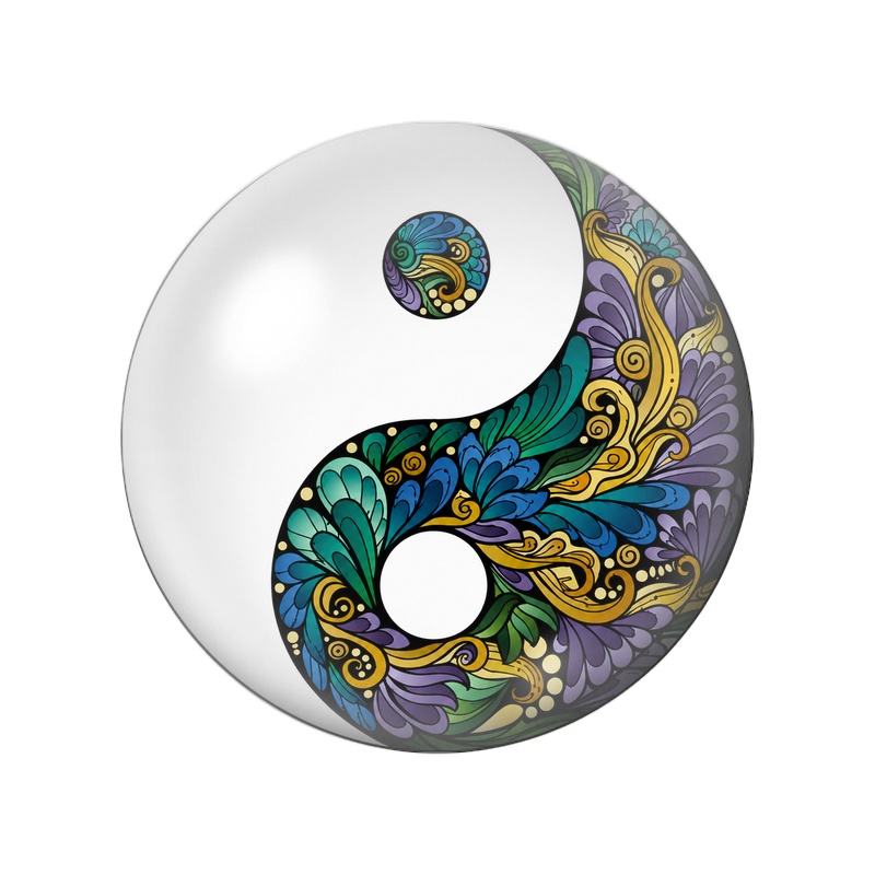 Cabochon en Verre Illustré Yin Yang Arabesques Florales Bleues et Dorées 12 à 25mm
