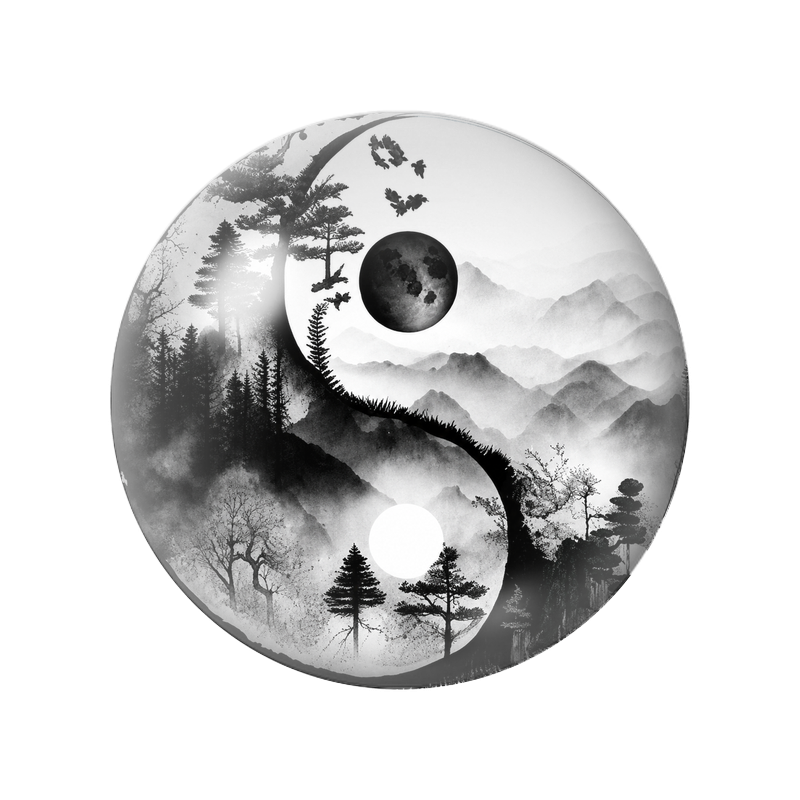 Cabochon en Verre Illustré Yin Yang Montagnes à l'Encre Noir et Blanc 12 à 25mm