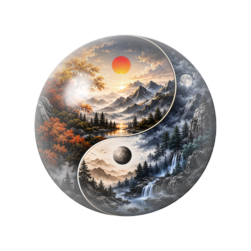 Cabochon en Verre Illustré Yin Yang Paysages de Jour et de Nuit 12 à 25mm