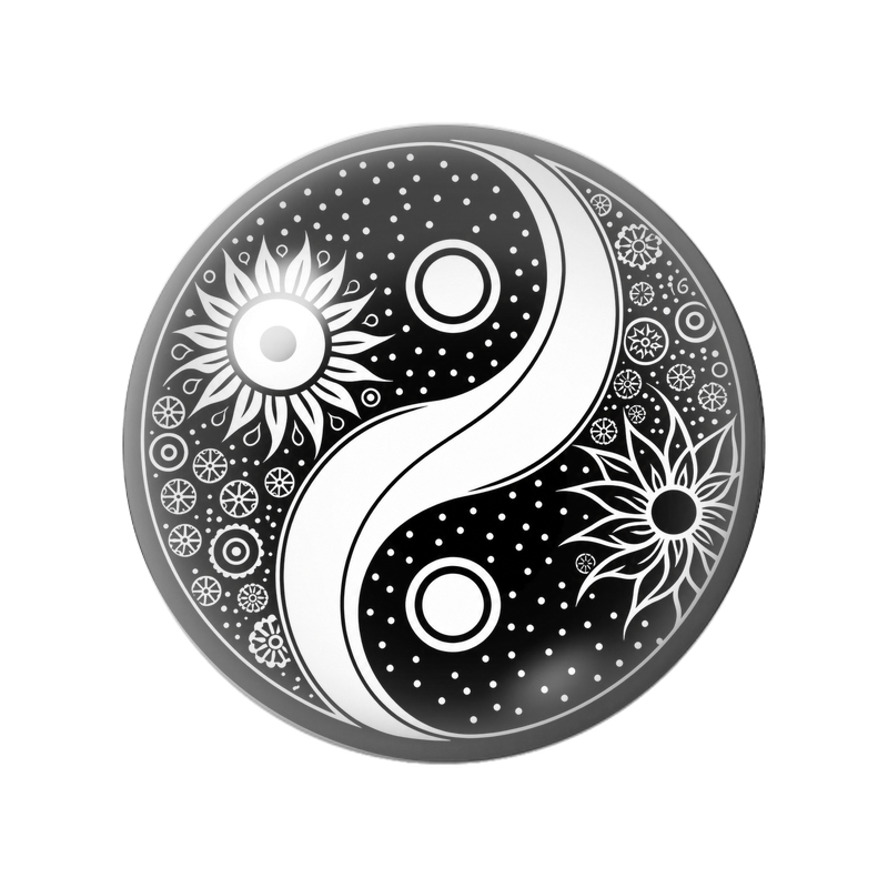 Cabochon en Verre Illustré Yin Yang Soleils Ornementaux Noir et Blanc 12 à 25mm