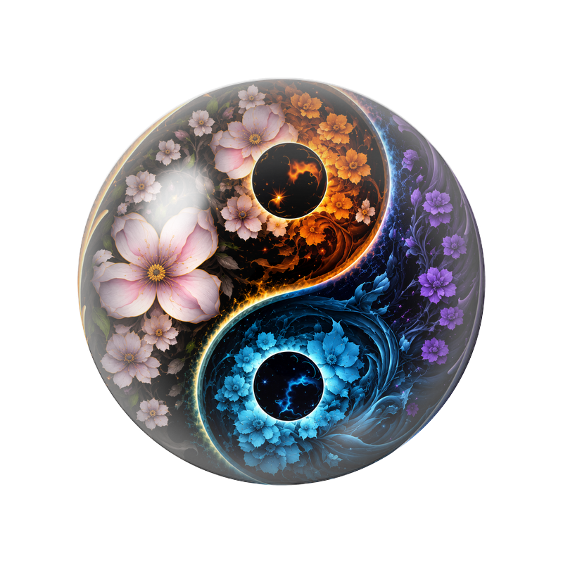 Cabochon en Verre Illustré Yin Yang Fleurs de Feu et de Glace 12 à 25mm