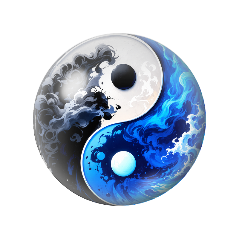 Cabochon en Verre Illustré Yin Yang Vagues d'Encre Noire et Bleue 12 à 25mm
