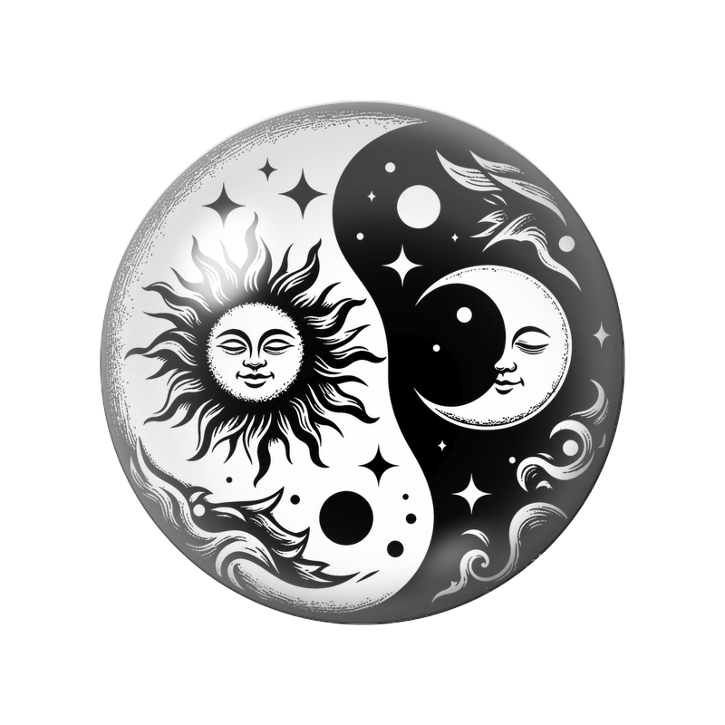 Cabochon en Verre Illustré Yin Yang Soleil et Lune aux Visages Paisibles 12 à 25mm