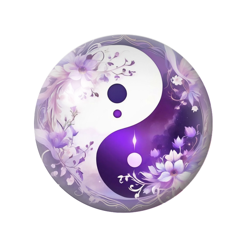 Cabochon en Verre Illustré Yin Yang Fleurs Violettes 12 à 25mm