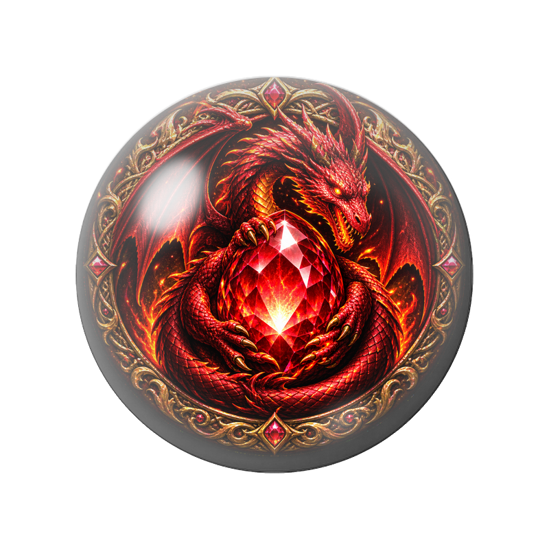 Cabochon en Verre Illustré Dragon Rouge Gardien du Rubis 12 à 25mm