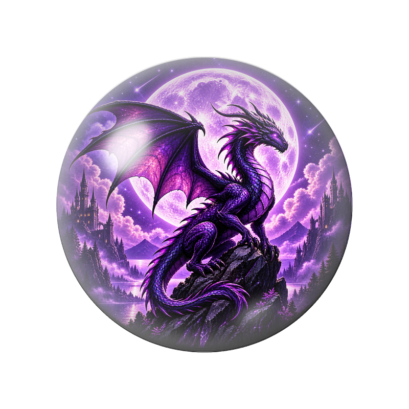 Cabochon en Verre Illustré Dragon Violet sous la Pleine Lune 12 à 25mm