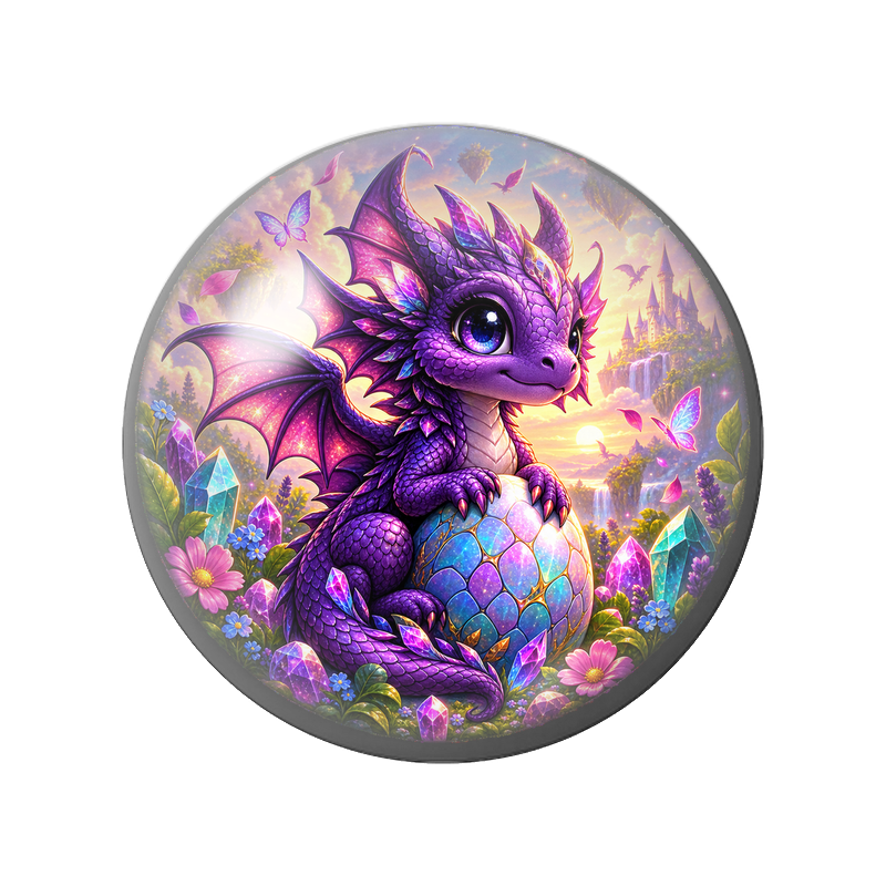 Cabochon en Verre Illustré Bébé Dragon Violet et Œuf de Cristal 12 à 25mm